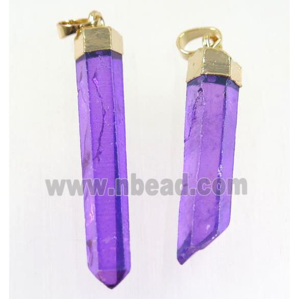 Clear Quartz stick pendant, purple, gold plated