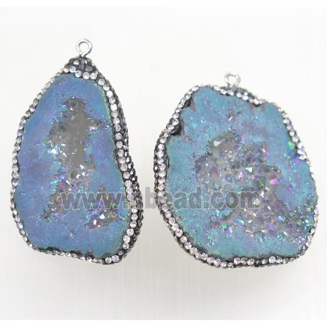gray-blue Druzy Agate pendant pave rhinestone, freeform