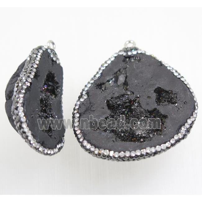 black Druzy Agate pendant pave rhinestone, freeform