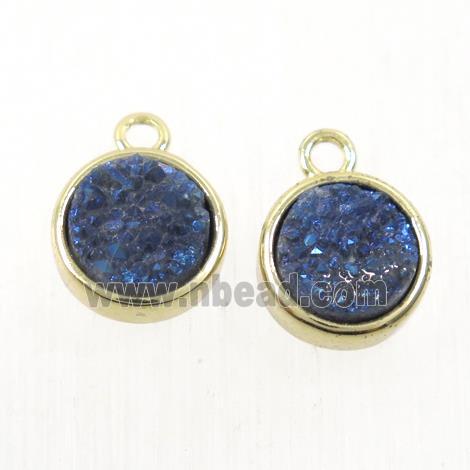 blue Druzy Quartz pendant, flat round, gold plated