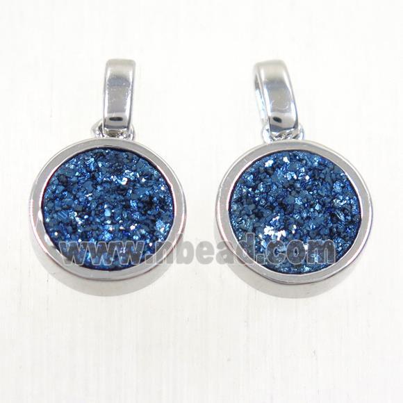 blue Druzy Agate pendant, flat round, platinum plated
