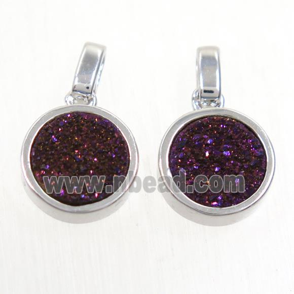 purple Druzy Agate pendant, flat round, platinum plated