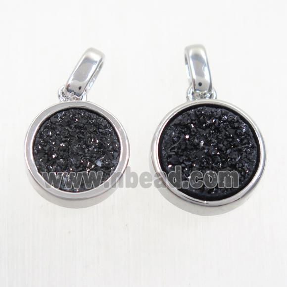 black Druzy Agate pendant, flat round, platinum plated