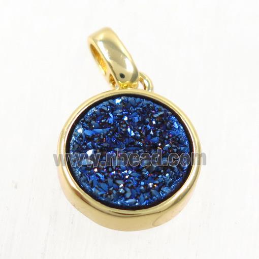 blue Druzy Agate pendant, flat round, gold plated