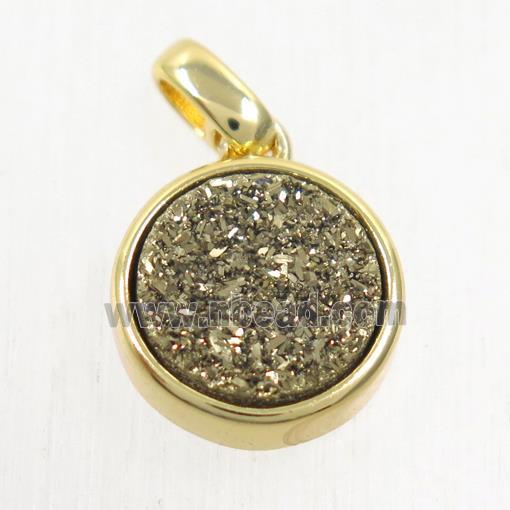 golden Druzy Agate pendant, flat round, gold plated