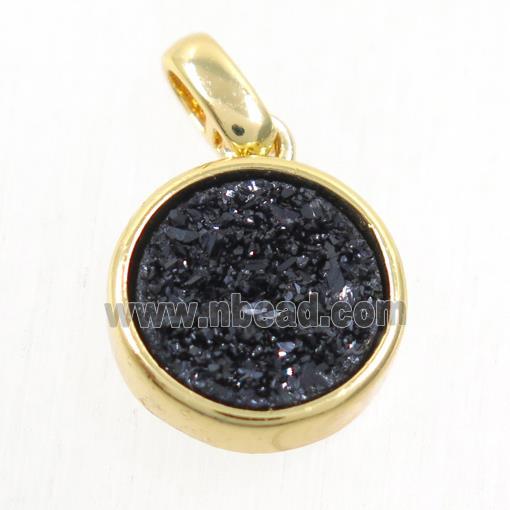 black Druzy Agate pendant, flat round, gold plated