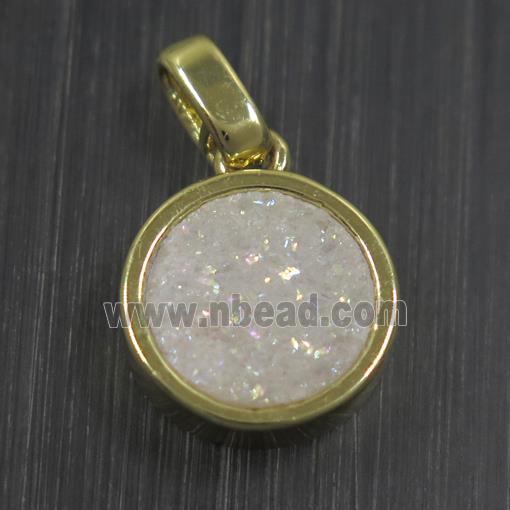 white AB-color Druzy Agate pendant, flat round, gold plated