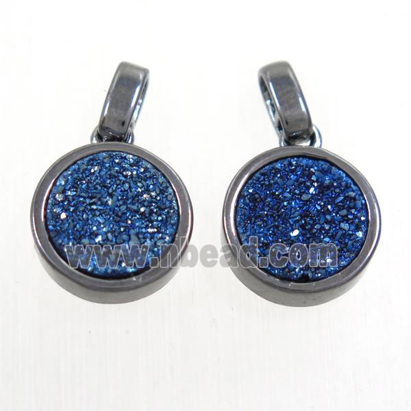 blue Druzy Agate pendant, flat round, black plated