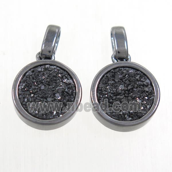 black Druzy Agate pendant, flat round, black plated