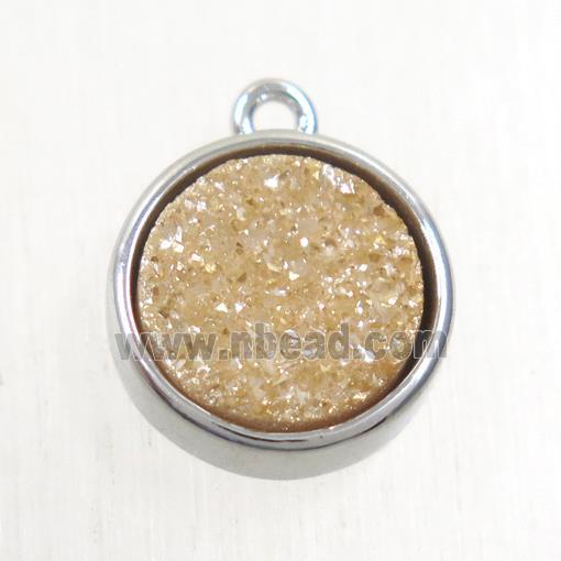 gold champagne Druzy Agate pendant, flat round, platinum plated