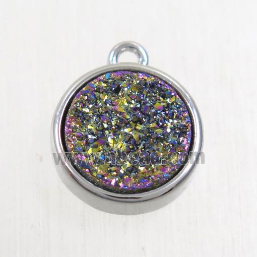rainbow Druzy Agate pendant, flat round, platinum plated