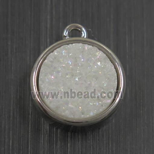 white AB-color Druzy Agate pendant, flat round, platinum plated