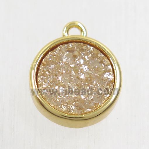 golden champagne Druzy Agate pendant, flat round, gold plated