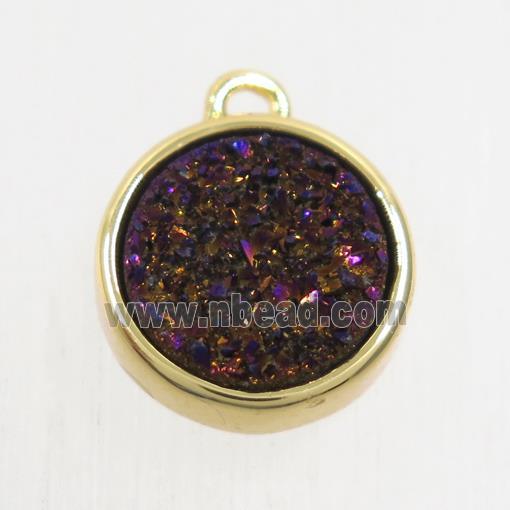 purple Druzy Agate pendant, flat round, gold plated