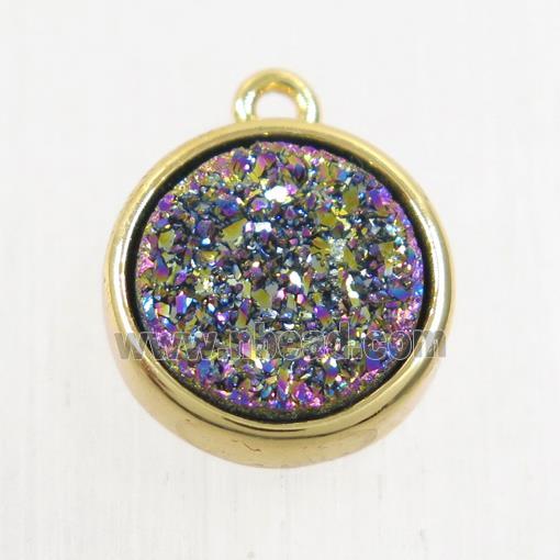 rainbow Druzy Agate pendant, flat round, gold plated
