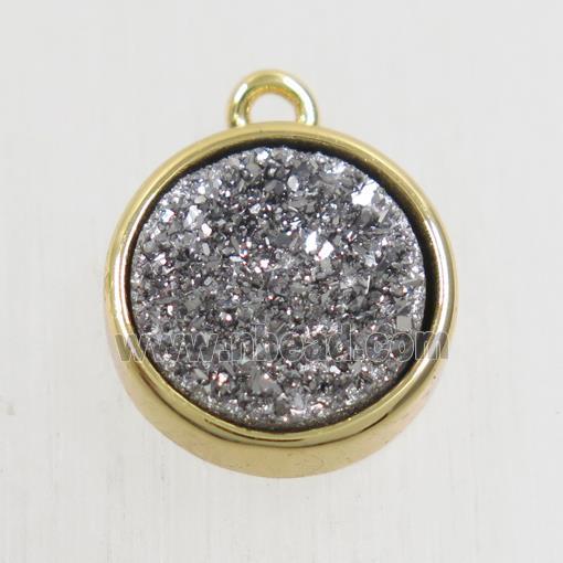 silver Druzy Agate pendant, flat round, gold plated