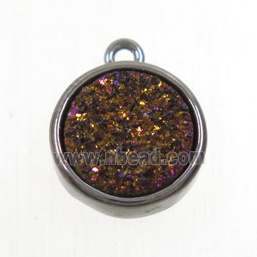 purple Druzy Agate pendant, flat round, black plated