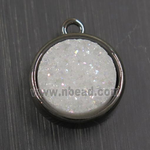 white AB-color Druzy Agate pendant, flat round, black plated