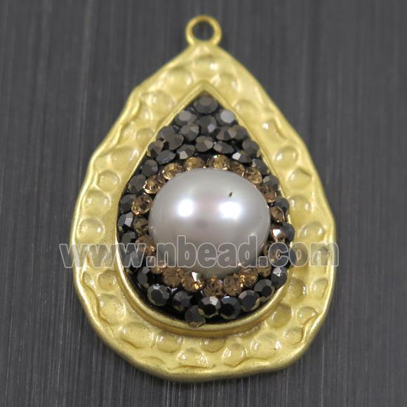 white Pearl pendant pave rhinestone, copper, teardrop, duck silver plated