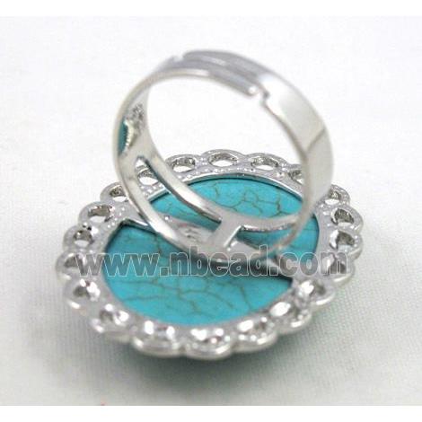 turquoise ring, adjustable, copper, platinum plated
