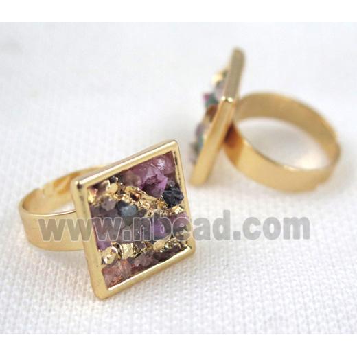 Fluorite ring, square, copper, gold plated