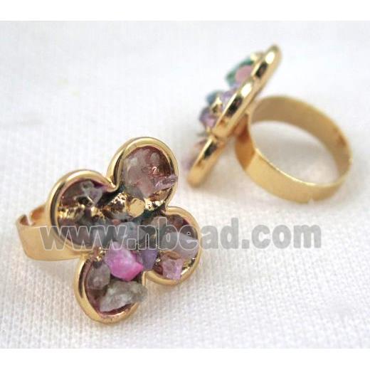 Fluorite ring, four-leaf clover, copper, gold plated