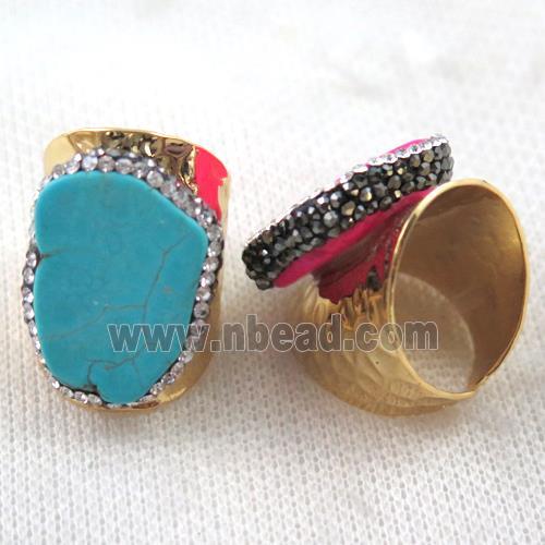 blue turquoise ring paved rhinestone, copper, gold plated