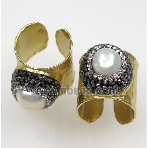 24K gold plated copper ring paved white pearl, rhinestone