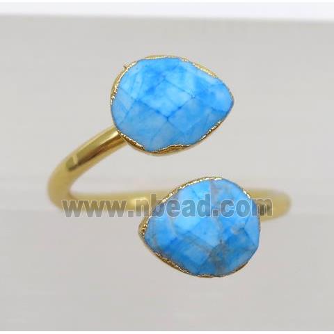 blue truquoise ring, faceted teardrop, gold plated