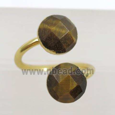 natural yellow Tiger ey stone ring, faceted flatround, gold plated