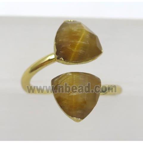 natural yellow Tiger ey stone ring, faceted triangle, gold plated
