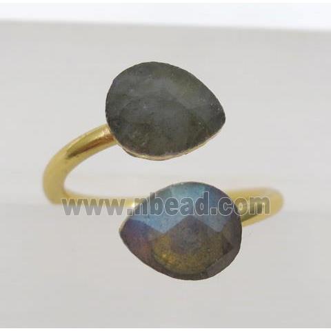 Labradorite ring, faceted teardrop, gold plated