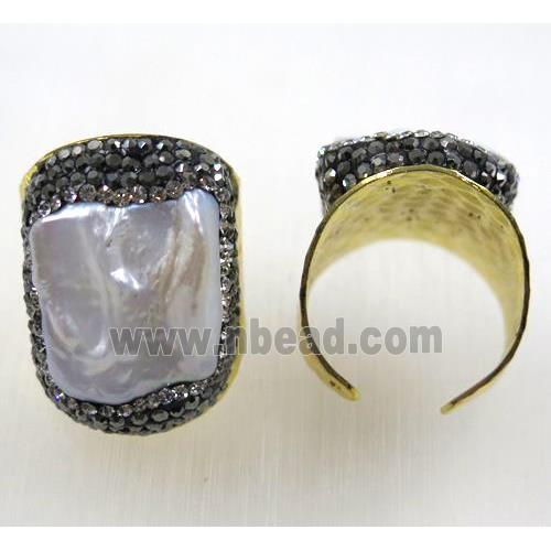 white freshwater pearl ring paved rhinestone, gold plated