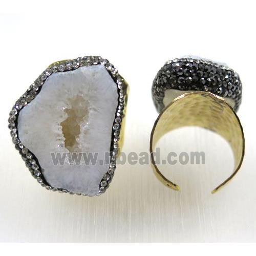white druzy agate ring paved rhinestone, gold plated