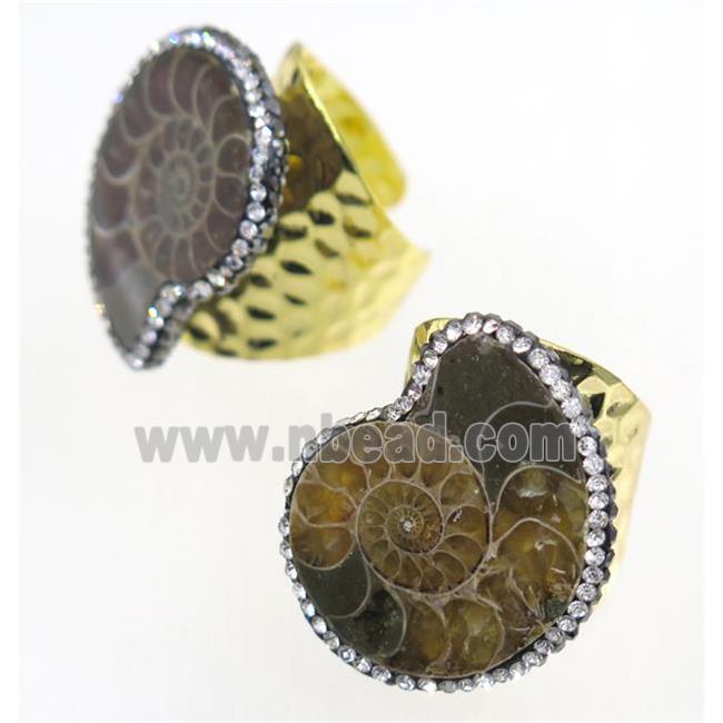 Ammonite Fossil copper Ring paved rhinestone, gold plated