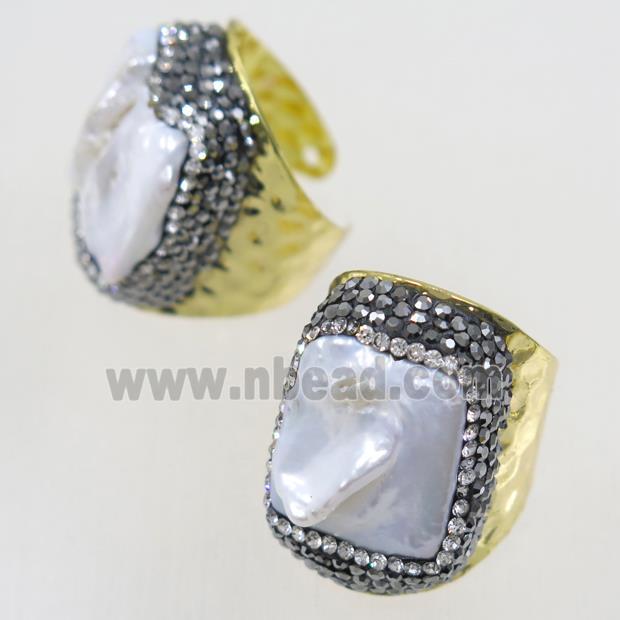 white Pearl copper Ring paved rhinestone, gold plated