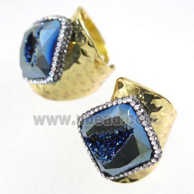 green Druzy Agate geode copper Ring pave rhinestone, gold plated