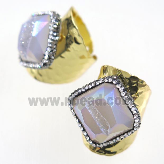 white AB-color Druzy Agate geode copper Ring pave rhinestone, gold plated