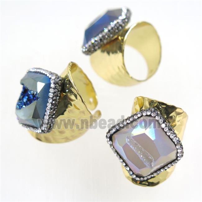 mix Druzy Agate geode copper Ring pave rhinestone, gold plated