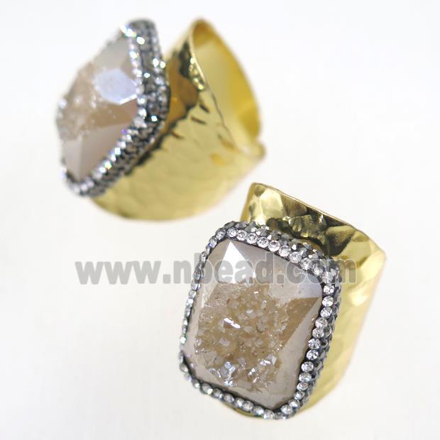 champagne Druzy Agate geode copper ring pave rhinestone, gold plated