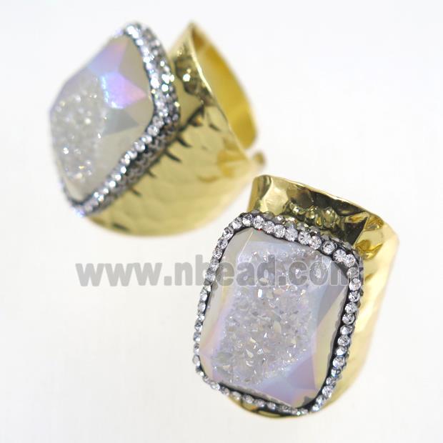 white AB-color Druzy Agate geode copper Ring pave rhinestone, gold plated