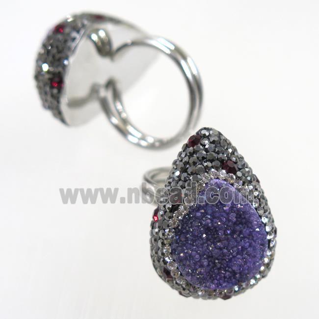 purple Quartz Druzy Ring paved rhinestone, teardrop