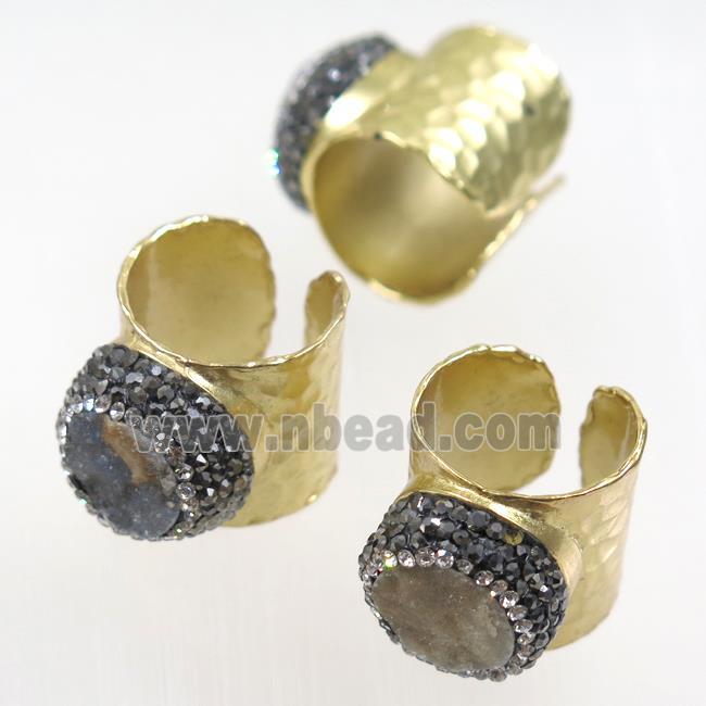 quartz druzy ring paved rhinestone, gold plated