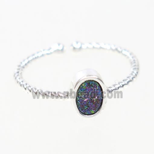 rainbow druzy quartz ring, oval, silver plated