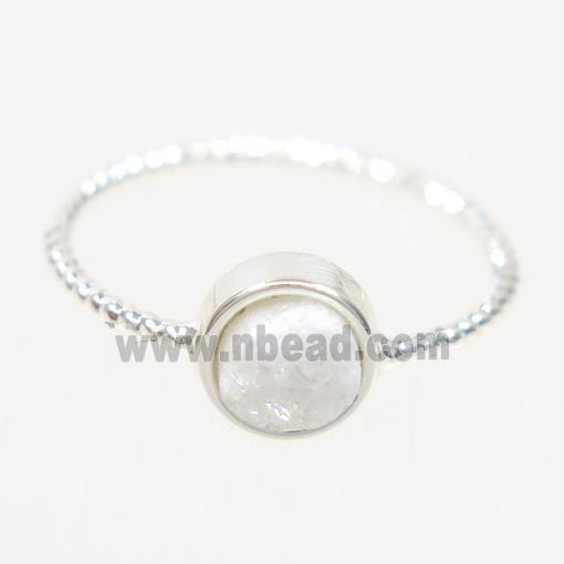 white ab-color druzy quartz ring, flat circle, silver plated