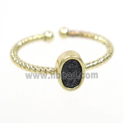 black druzy quartz ring, oval, gold plated
