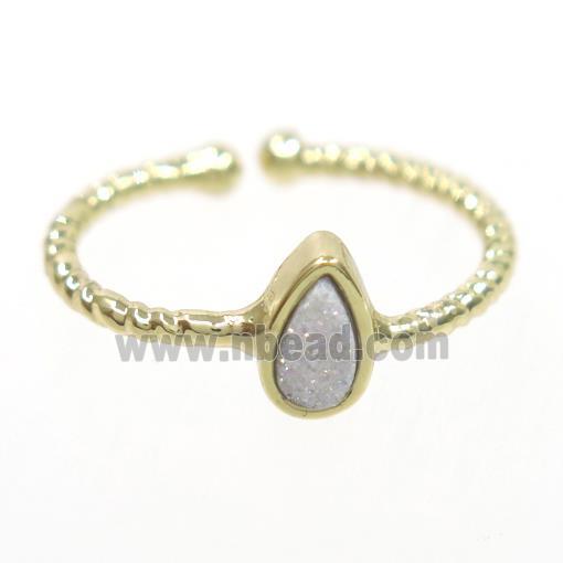 white ab-color druzy quartz ring, teardrop, gold plated