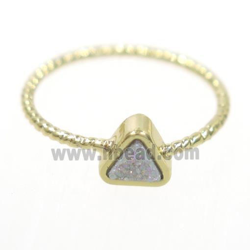 white ab-color druzy quartz ring, triangle, gold plated