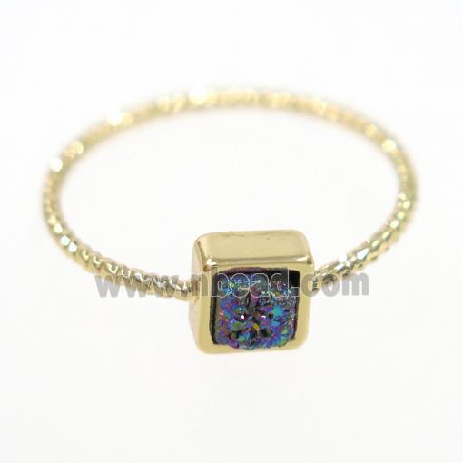rainbow druzy quartz ring, square, gold plated