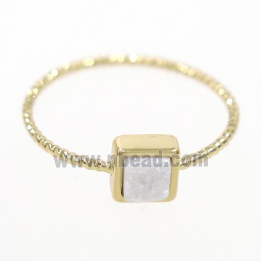 white ab-color druzy quartz ring, square, gold plated